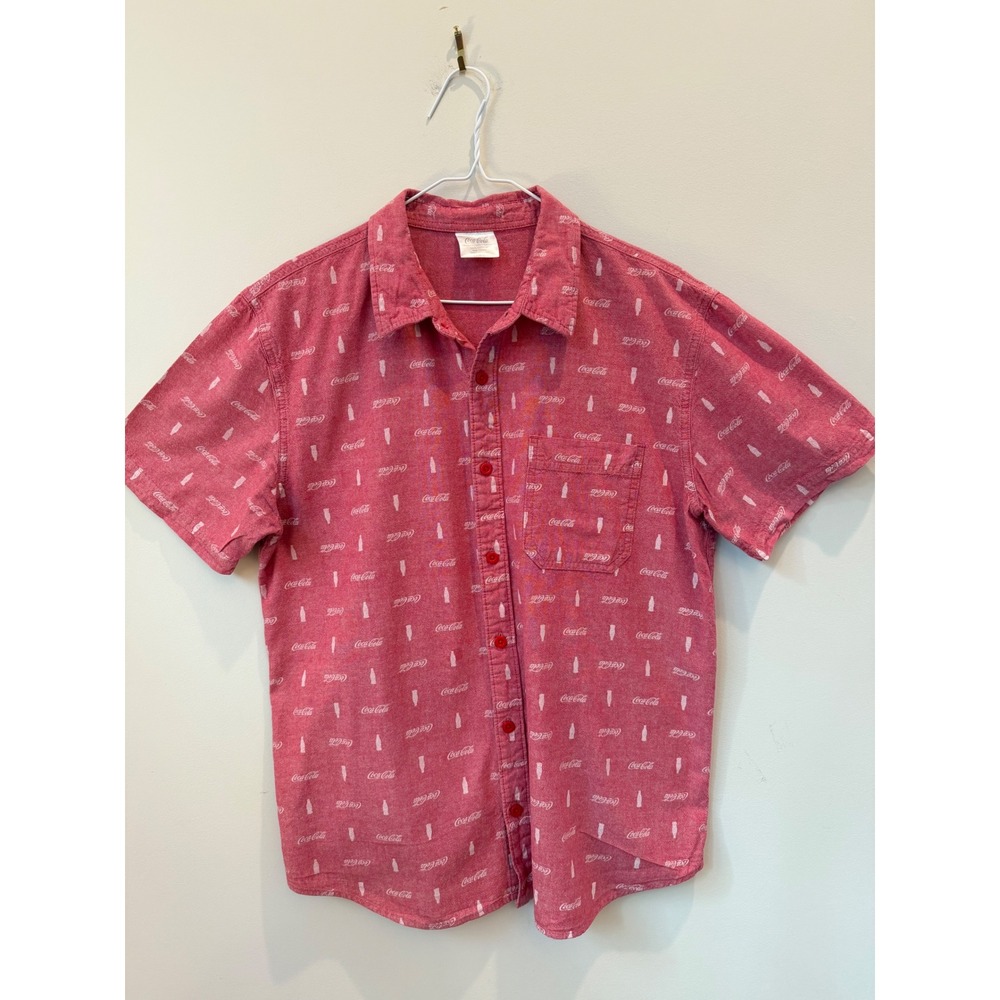 Coca-Cola Men's Large Red Button Down Shirt All Over Logo Print Short Sleeve